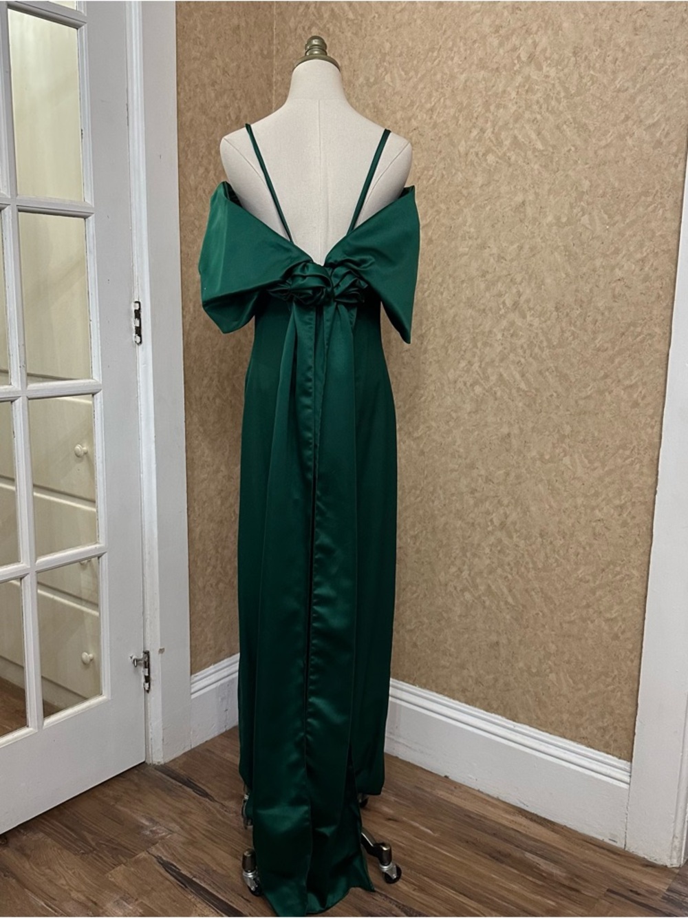 VTG 80s Retro Emerald Green Jewel Tone Rosette Floral Prom Dress Formal Gown